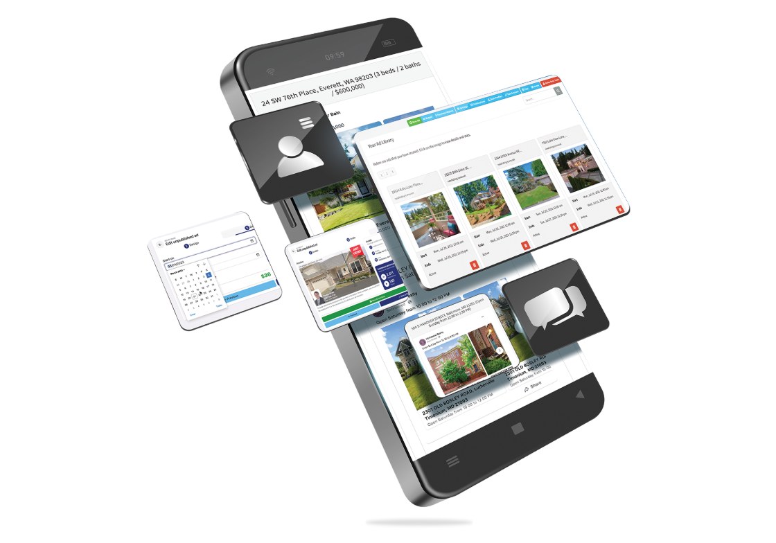 Ad Wizard shown across phone and tablet — an ad library of real estate listings, the campaign builder with a start-date calendar, and a published Facebook open-house ad.