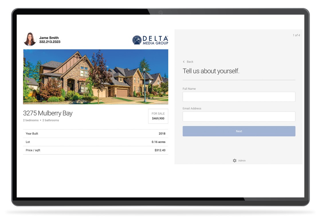 Open House Connector on a tablet — a property sign-in screen for 3275 Mulberry Bay with a 'Tell us about yourself' lead capture form.