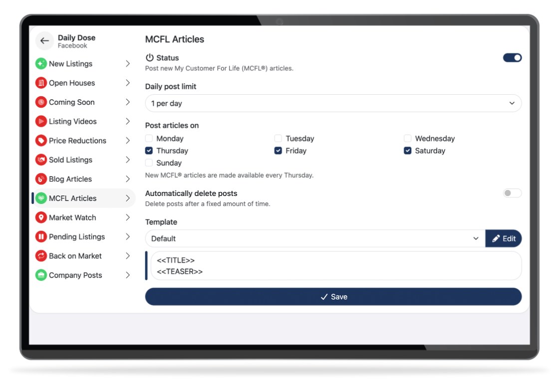 Social Connector on a tablet — the Daily Dose Facebook automation settings for MCFL Articles with post scheduling and a message template.