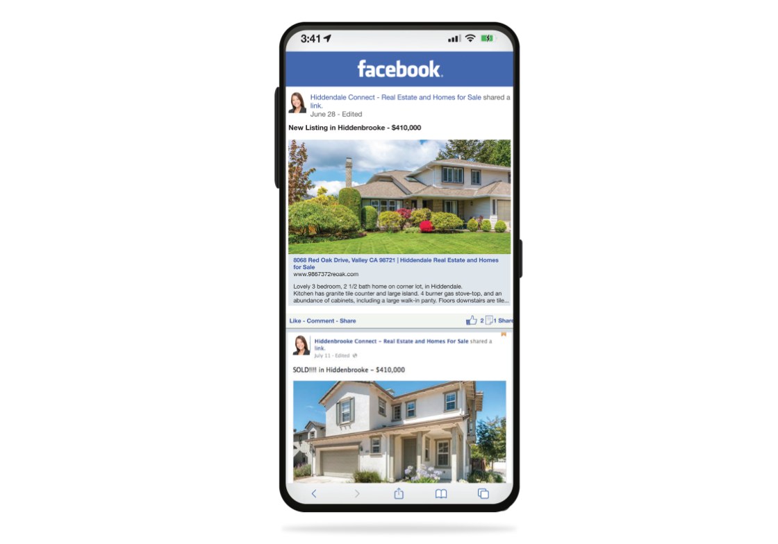 A phone showing a Facebook feed with Delta-automated real estate posts — a new listing and a SOLD post for a home in Hiddenbrooke.